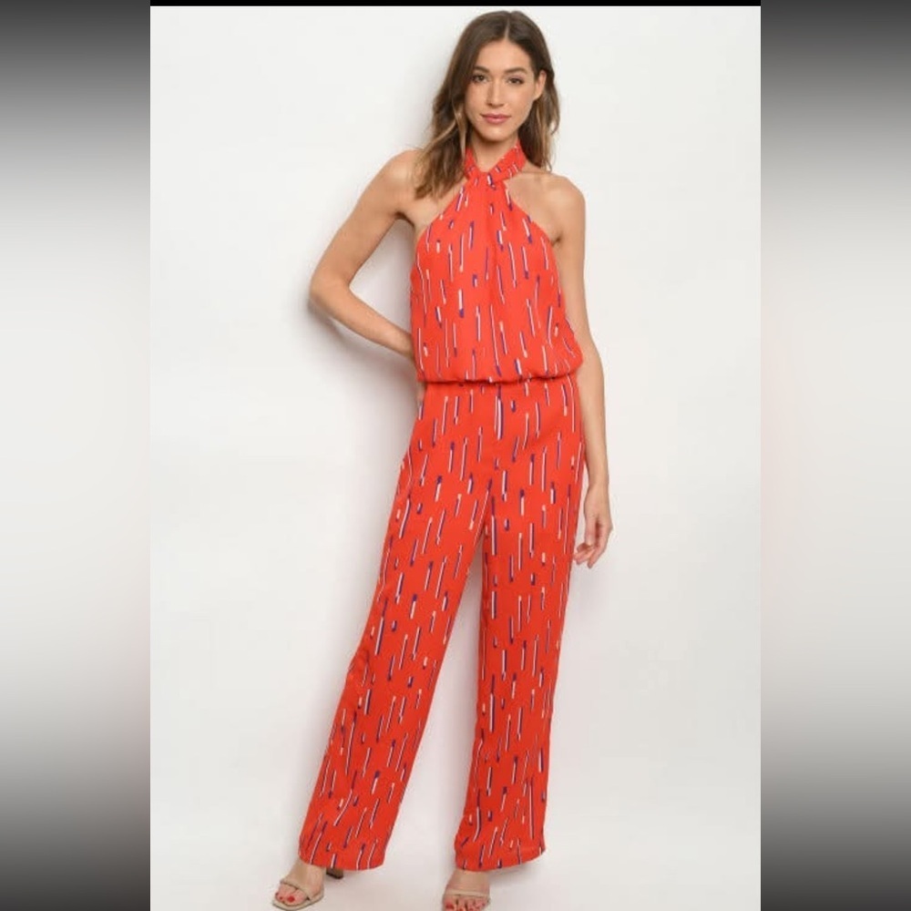 Sleeveless Red Halter Jumpsuit with Subtle Print